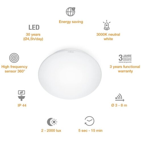 Steinel LED stropna svetilka RS16 (9,5 W, premer: 25,5 cm, vi&amp;scaron;ina: 9,5 cm, 845 lm, topla bela svetloba, s senzorjem) Slike