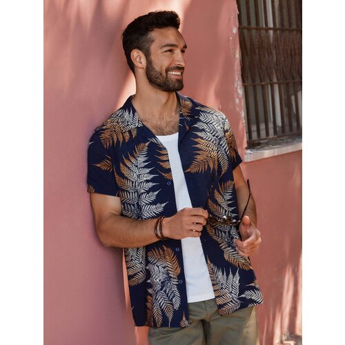 Ombre Men&amp;#039;s patterned viscose shirt with short sleeves - fern Slike