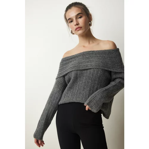 Happiness İstanbul Women's Anthracite Madonna Collar Knitwear Sweater