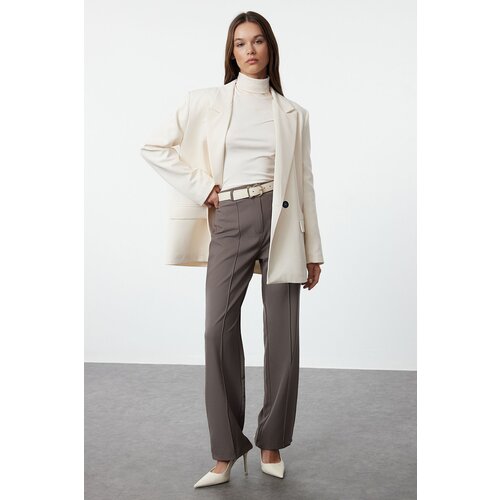 Trendyol Anthracite Straight Cut High Waist Ribbed Stitched Woven Trousers Slike