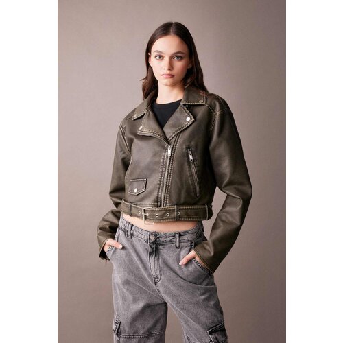 Defacto Water Repellent Relax Fit Faux Leather Belted Crop Biker Jacket Slike