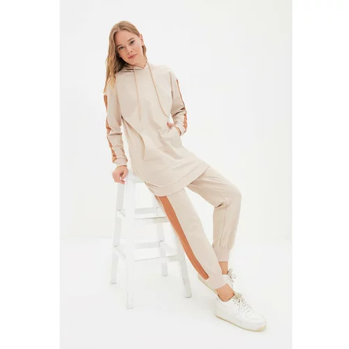 Trendyol Beige Hooded Kangaroo Pocket Arms and Legs Striped Knitted Tracksuit Set