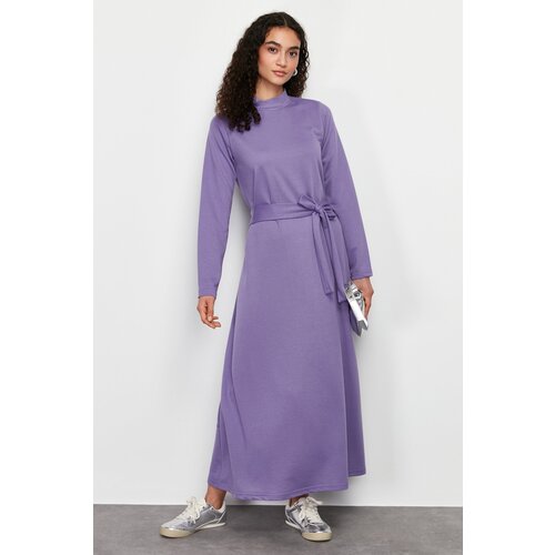 Trendyol Lilac Stand Collar Straight Belted Knitted Dress Slike