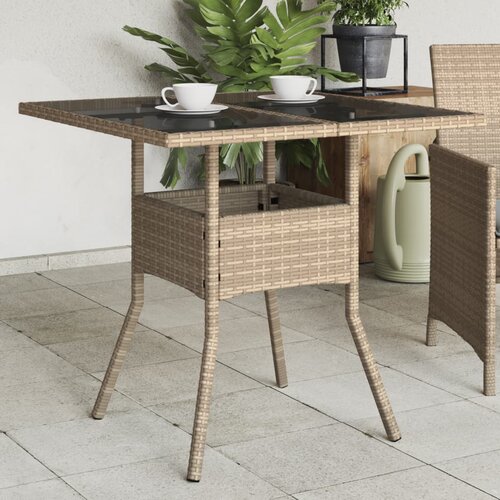 VidaXL Vrtna miza s stekleno plo&amp;scaron;čo bež 80x80x75 cm poli ratan Slike