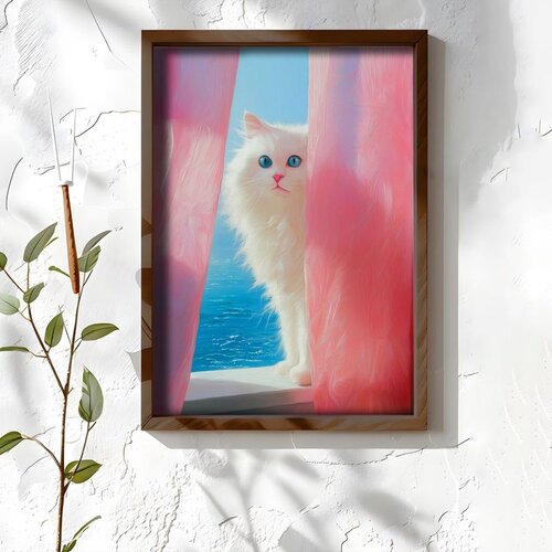 Wallxpert uramljena MDF slika NAL064-46, bela mačka viri kroz roze zavese ispred mora, 35,5 x 47 cm Cene