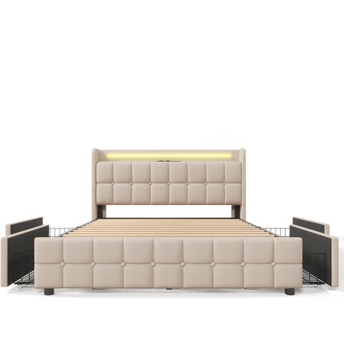Lumor Oblazinjena postelja 180x200 cm iz lana – z LED osvetlitvijo in USB priključki za polnjenje – 2 predala – bež, (22151120) Cene