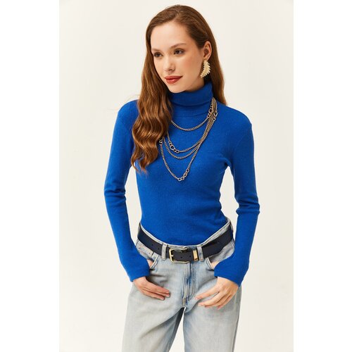 Olalook Women's Saxe Blue Turtleneck Finger Detailed Lycra Blouse Cene