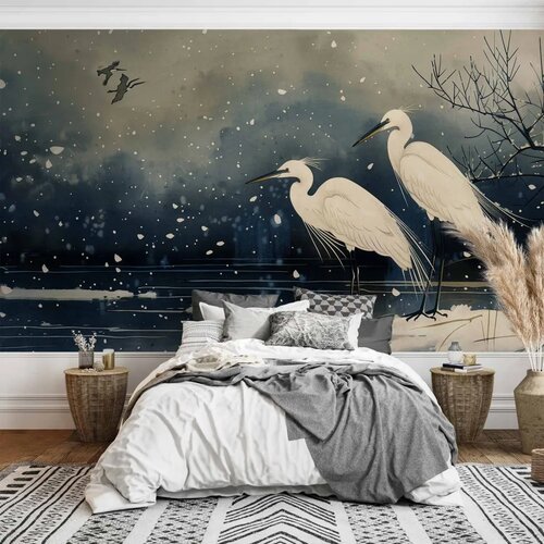  Foto tapeta - Herons over a winter pond - Japanese-style illustration in dark colours 100x70 Standard Slike