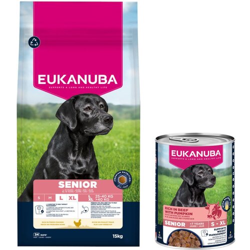  15 kg Eukanuba suha hrana + 3 x 400 g odgovarajuće mokre hrane gratis! - Senior Large & Giant Breed piletina + Senior bogato govedinom s bundevom Cijene