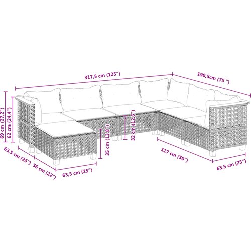  7-dijelni set vrtnih sofa sivi od poliratana Siva 63.5 x 56 x 32 cm Slike