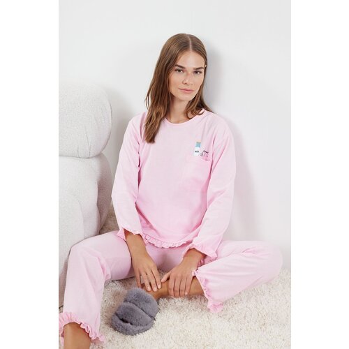 Trendyol light pink printed pocket single jersey knitted pajama set Cene