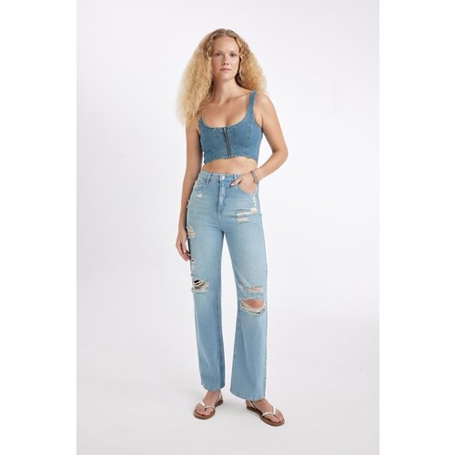 Defacto 90's Wide Leg High Waist Wide Leg Ripped Detailed Long Jean Trousers Slike