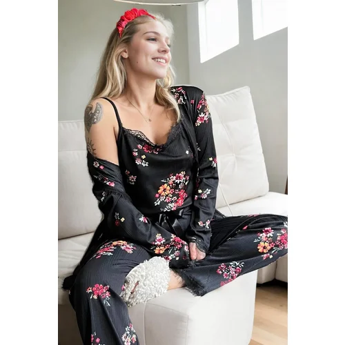 Dewberry 22168 Womens Pyjama Set with Dressing Gown-BLACK