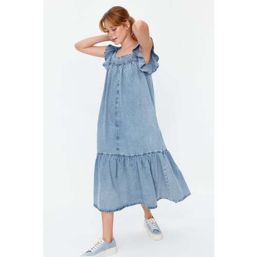 Trendyol Light Blue Ruffle Oversize Denim Dress Slike