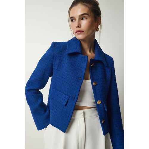 Happiness İstanbul Women's Blue Tweed Crop Jacket Slike