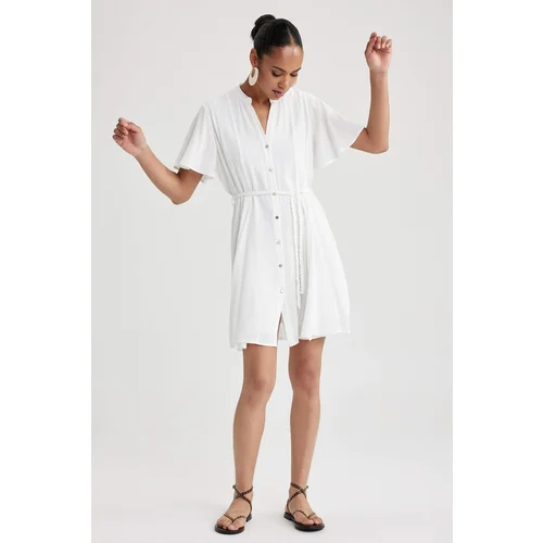 Defacto Shirt Collar Crinkle Viscose Butterfly Sleeves Mini Short Sleeve Woven Dress