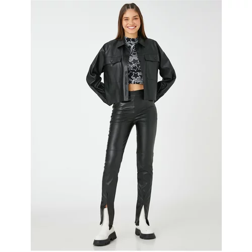 Koton Leather-Look Leggings with Slit Detail Ribbed Legs.