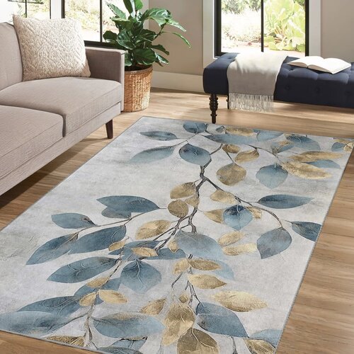 Mila Home svetlo modra/zlata pralna preproga 120x180 cm golden leaves &amp;ndash; Slike