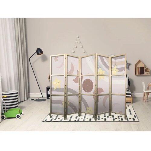  Japanski paravan - Joyful Sky - Yellow cheerful stars with a rainbow against the moon phases - in the sky colored light beige. 2 Slike
