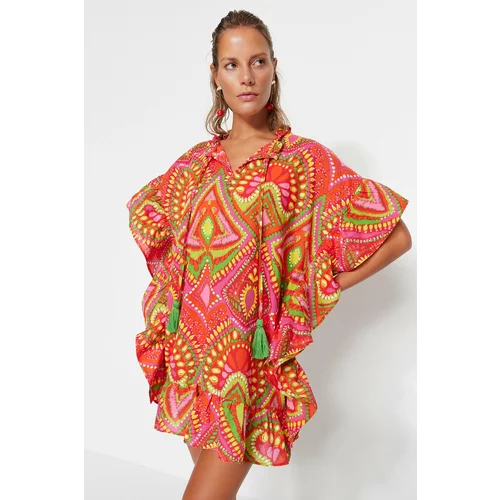 Trendyol Geometric Pattern, Wide Fit Mini Woven Tassels 100% Cotton Beach Dress