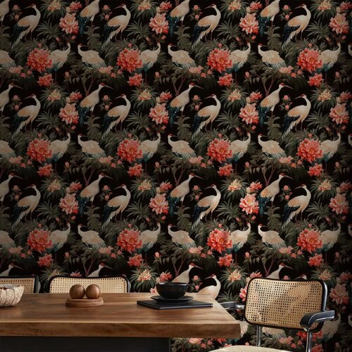  Tapeta - Ornament with birds - silhouettes of cranes and peony flowers on a dark background 50x1000 Vodootporna Cene
