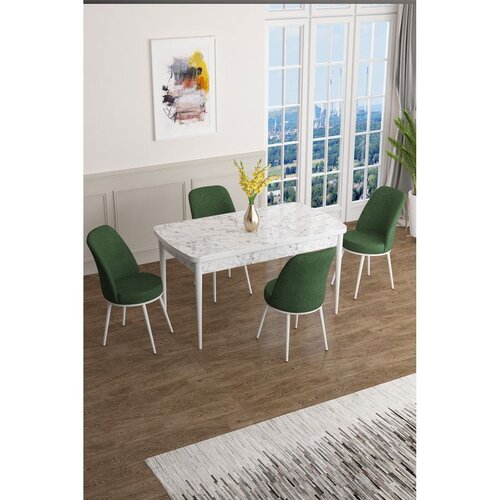 Hanah home trpezarijski set Han, sto na razvlačenje i 4 stolice, ploča u dekoru belog mermera, kaki zelena tkanina Jerry Cene