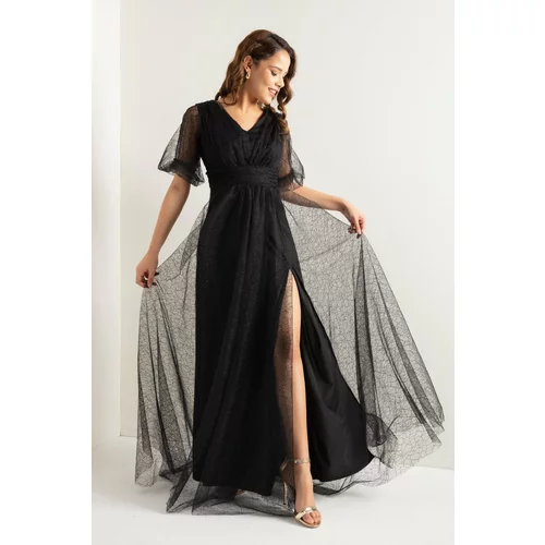 Lafaba Women's Black Balloon Sleeve Silvery Long Evening Dress