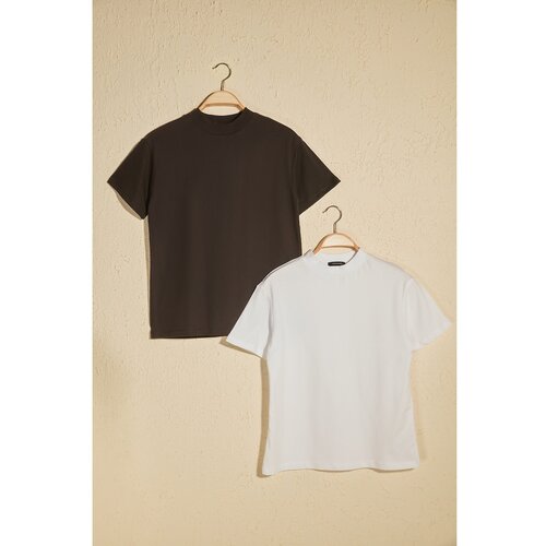 Trendyol White and Black Stand-Up Collar 2-Pack Basic Knitted T-Shirt Slike