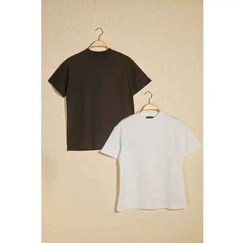 Trendyol White and Black Stand-Up Collar 2-Pack Basic Knitted T-Shirt