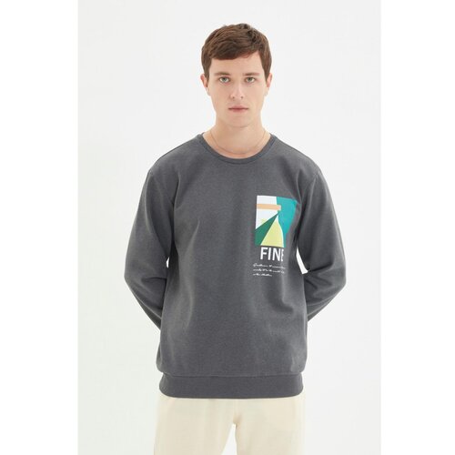 Trendyol Anthracite Men Regular Fit Crew Neck Long Sleeve Printed Sweatshirt Slike