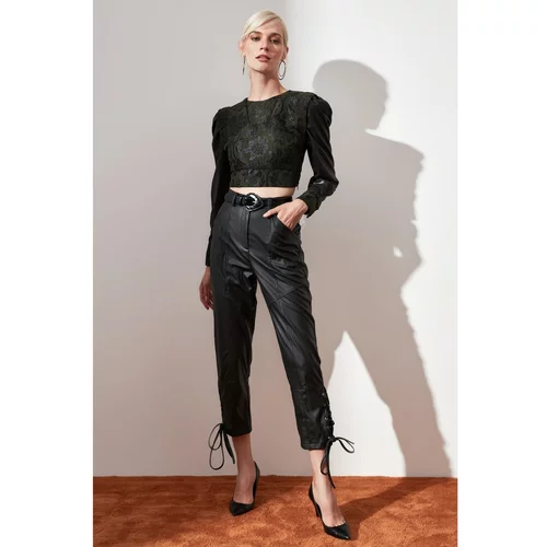 Trendyol Black Eyelet Detailed Faux Leather Trousers
