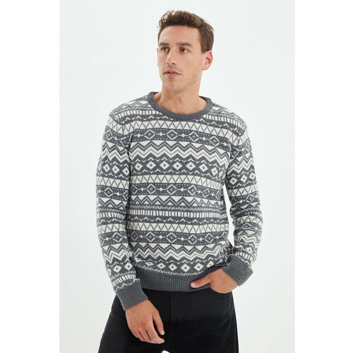 Trendyol Sivi muški džemper od žakard pletene odjeće s izrezom za muškarce Slike