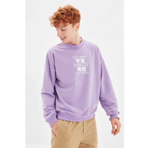 Trendyol Lilac Men's Oversize Crew Neck Printed Sweatshirt Slike