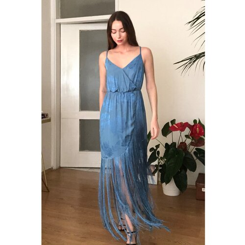 Trendyol Blue Tassel Detail Jacquard Satin Dress Slike