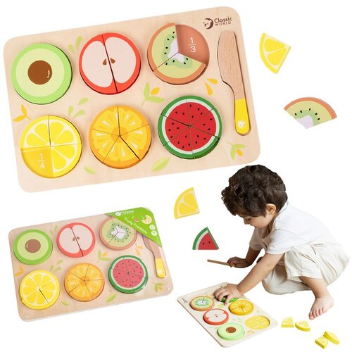 Classic World drveno voće za rezanje na čičak + učenje razlomaka i dijeljenja montessori 23 kom. Slike