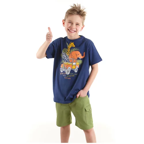 Mushi Safari Boys Kid's Navy Blue T-shirt, Green Gabardine Shorts Set.