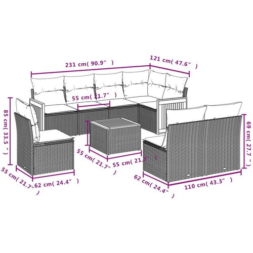 VidaXL 9-dijelni set vrtnih sofa s jastucima bež od poliratana Slike