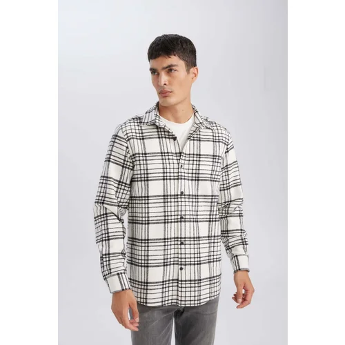 Defacto Men's Ecru Regular Fit Polo Collar Plaid Lumberjack Flannel Long Sleeve Shirt D7188axns