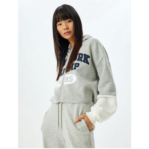 Koton Crop Sweatshirt Hooded Zippered College Embroidered Pocket Detail Cene