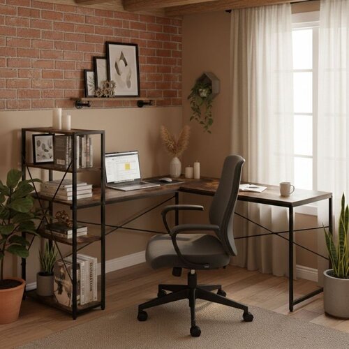 ModernHome Ugaoni radni sto sa policama &amp;ndash; Walnut LOFT Slike