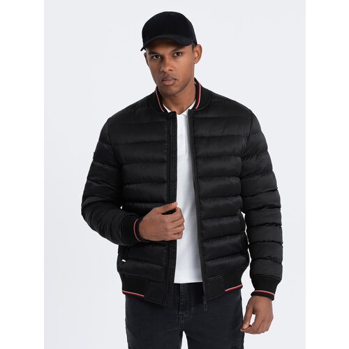 Ombre Men's satin-finish bomber jacket with contrasting ribbed cuffs - black Cene