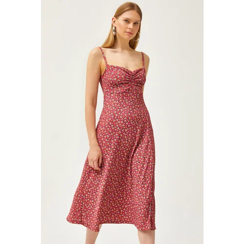 Olalook Women's Dried Rose Strappy Front Gathered Knitted Dress