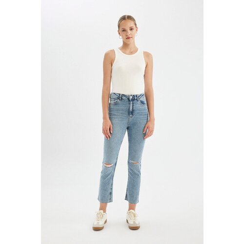 Defacto mary straight leg ripped detailed high waist cut out ankle length jean washed trousers Slike