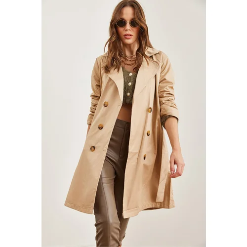 Olalook Women's Beige Buttoned Pocket Unlined Thin Trench Coat