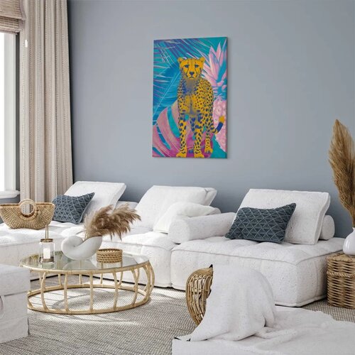 Slika - Exotic Leopard - Colorful Portrait of a Cheetah Against Tropical Leaves 80x120 Akustična Slike