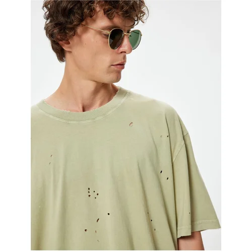 Koton Oversize T-Shirt Fraying Detailed Short Sleeve Crew Neck Cotton