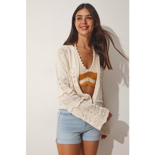 Happiness İstanbul Women's Cream Textured Openwork Summer Knitwear Cardigan Slike