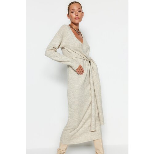 Trendyol Stone Maxi Knitwear Soft Textured Double Breasted Collar Pile Dress Slike