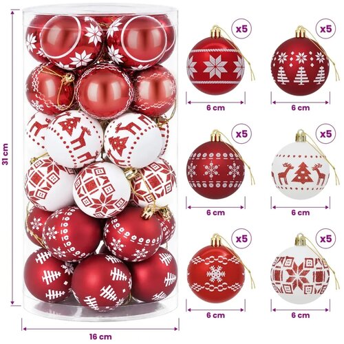  Set božićnih kuglica 30 kom. Crvena i bijela &amp;Oslash; 6 cm Plastika - Crvena i bijela (klasični nordijski motiv) Slike
