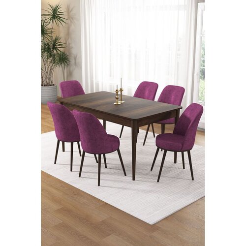 Hanah home trpezarijski set Pir, sto i 6 stolica, ploča u dekoru drveta Baroque, ljubičasta tkanina Babyface Cene